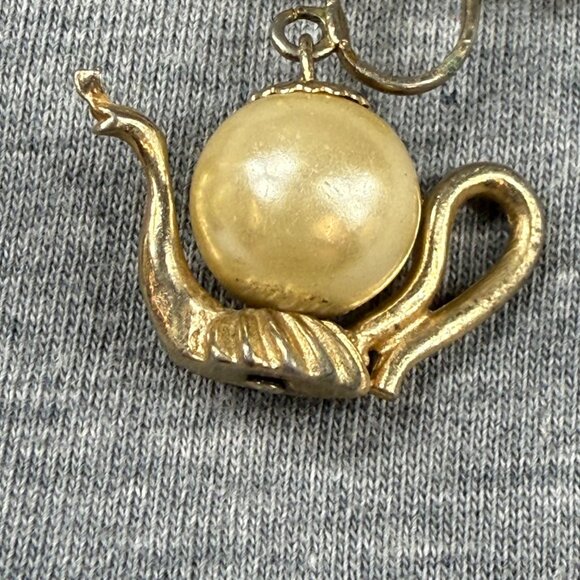Vintage Gold-Toned Screw-Back Earrings With Teapot Design & Faux Pearl Accent - Picture 13 of 16